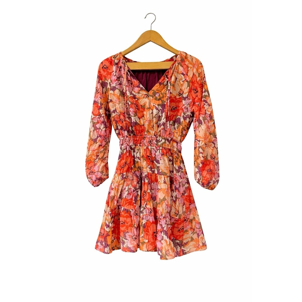 MINKPINK Floral Mini Dress Large Long Sleeve Smocked Waist Boho Multicolor L SzL